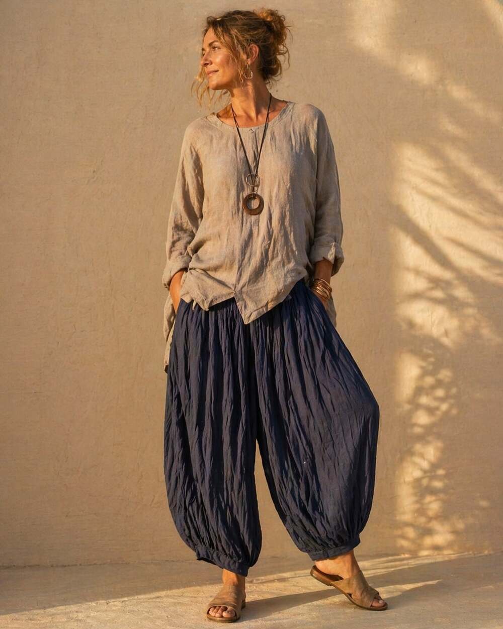 Aller Simplement Lagenlook Balloon Pants Navy Cotton Drawstring XL 2X OSFM